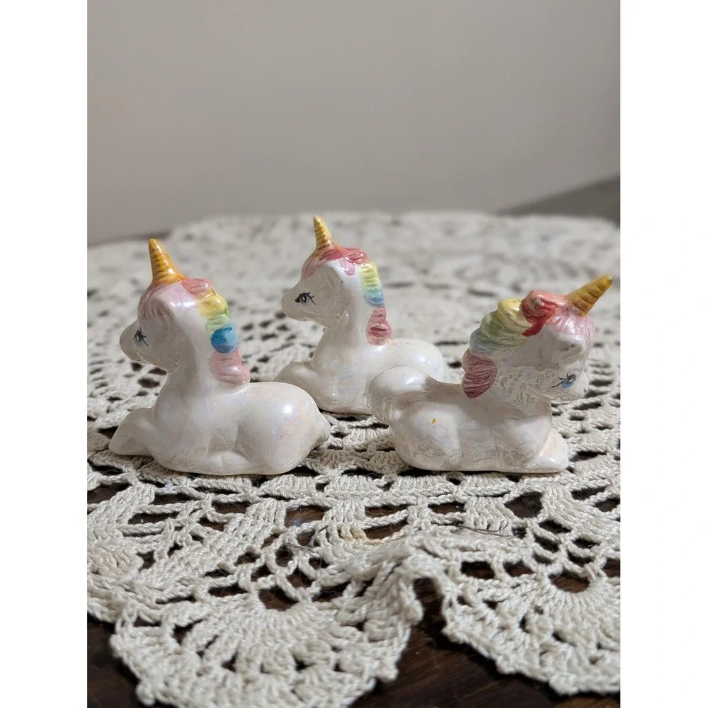 3 Vintage namco Unicorn Ceramic Mythical Creature w/ Horn Rainbow 3
